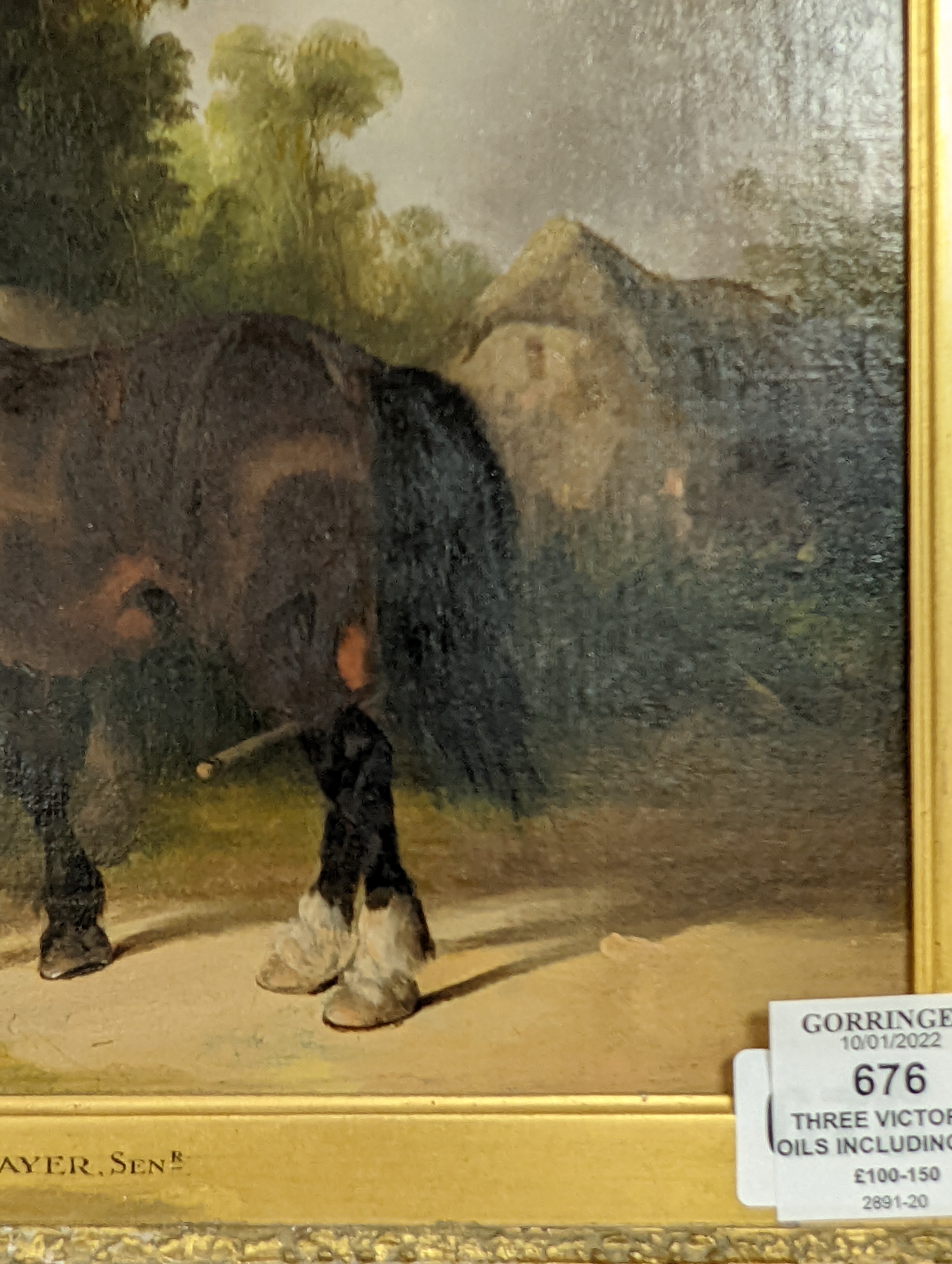 Three Victorian oils including William Shayer Senior, oil on canvas, horses watering, 19.5 x 26 cm; English school, oil on board, cows by a river, 16.5 x 24 cm and Oil on canvas Fisherman by a boat, 26 x 37 cm (3)